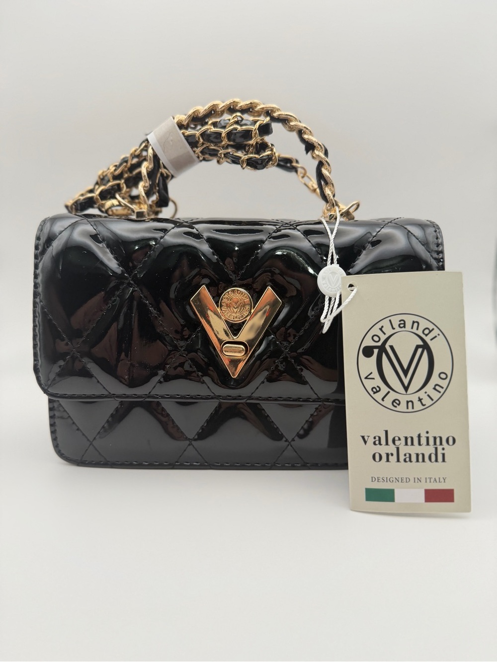 Valentino Orlandi | Bags |Black Patent Quilted Mini Shoulder Bag with Gold Chain